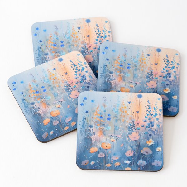 Item preview, Blue Watercolor Wildflower Meadow With Peach Flowers designed and sold by solynneart.