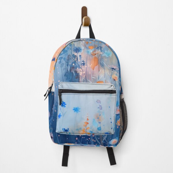 Item preview, Blue Watercolor Wildflower Meadow With Peach Flowers designed and sold by solynneart.
