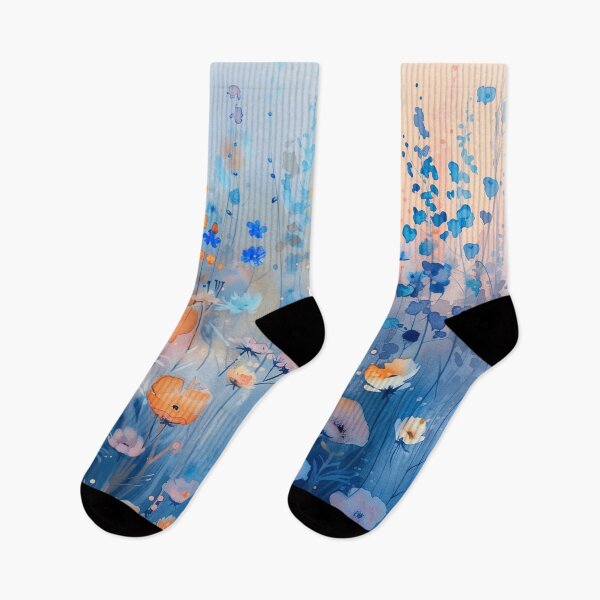Item preview, Blue Watercolor Wildflower Meadow With Peach Flowers designed and sold by solynneart.