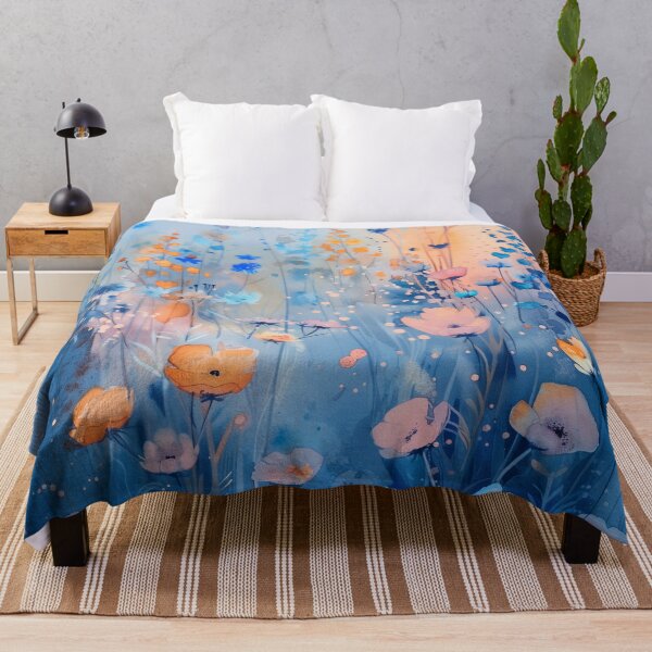 Item preview, Blue Watercolor Wildflower Meadow With Peach Flowers designed and sold by solynneart.