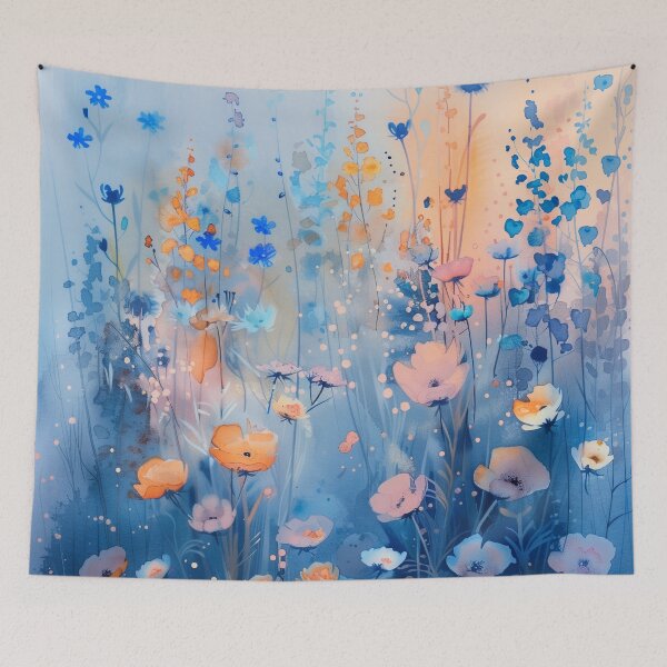 Item preview, Blue Watercolor Wildflower Meadow With Peach Flowers designed and sold by solynneart.