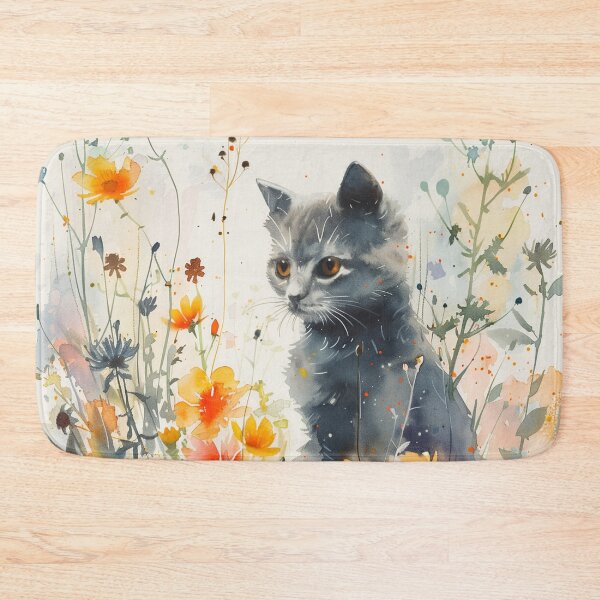 Item preview, Gray Watercolor Cat In Colorful Wildflower Garden designed and sold by solynneart.