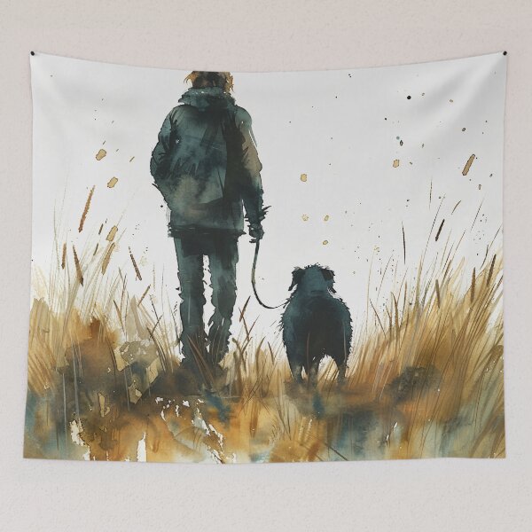 Item preview, Watercolor Person Walking Dog In Golden Grass designed and sold by solynneart.