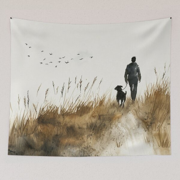 Item preview, Watercolor Man Walking Dog Through Golden Field designed and sold by solynneart.