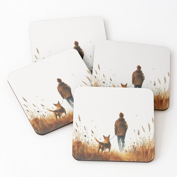 Item preview, Watercolor Man Walking Dog Through Autumn Grass designed and sold by solynneart.
