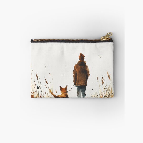 Item preview, Watercolor Man Walking Dog Through Autumn Grass designed and sold by solynneart.