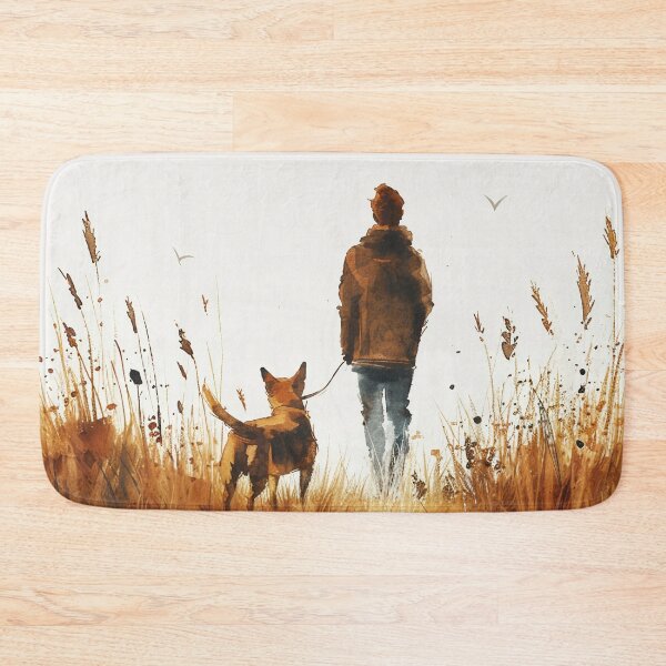Item preview, Watercolor Man Walking Dog Through Autumn Grass designed and sold by solynneart.