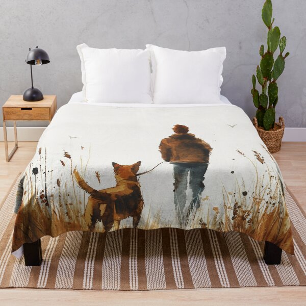 Item preview, Watercolor Man Walking Dog Through Autumn Grass designed and sold by solynneart.