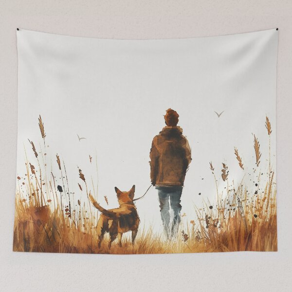 Item preview, Watercolor Man Walking Dog Through Autumn Grass designed and sold by solynneart.