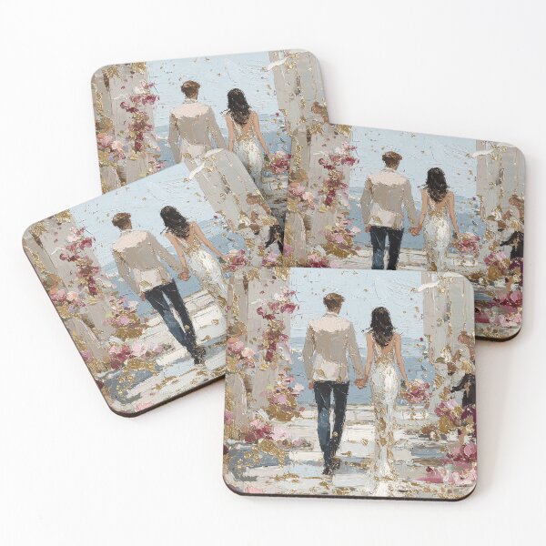 Item preview, Romantic Couple Beach Walk with Gold Leaf Accents designed and sold by colorful-white.