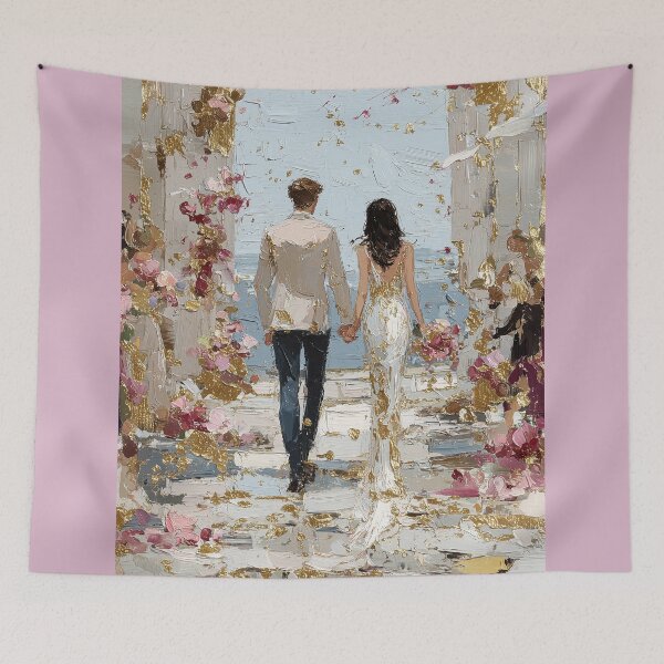 Item preview, Romantic Couple Beach Walk with Gold Leaf Accents designed and sold by colorful-white.