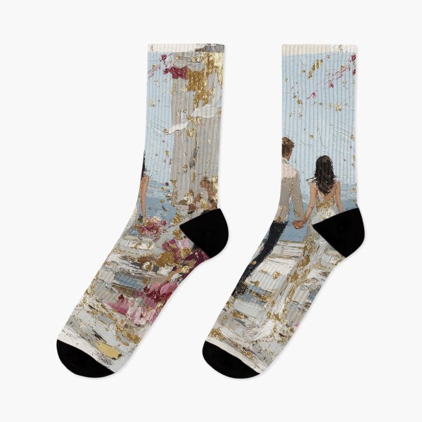 Item preview, Romantic Couple Beach Walk with Gold Leaf Accents designed and sold by colorful-white.