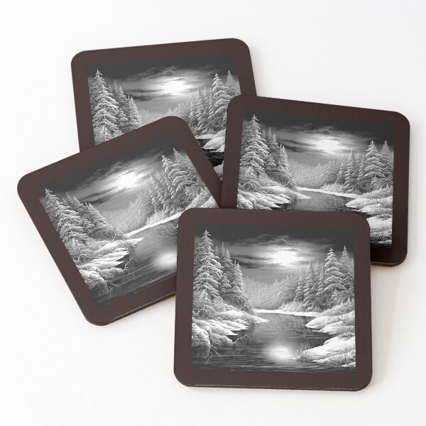Item preview, Black and White Snowy Forest Lake | Winter Landscape Art designed and sold by inkoutninja.