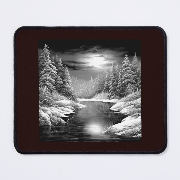 Item preview, Black and White Snowy Forest Lake | Winter Landscape Art designed and sold by inkoutninja.