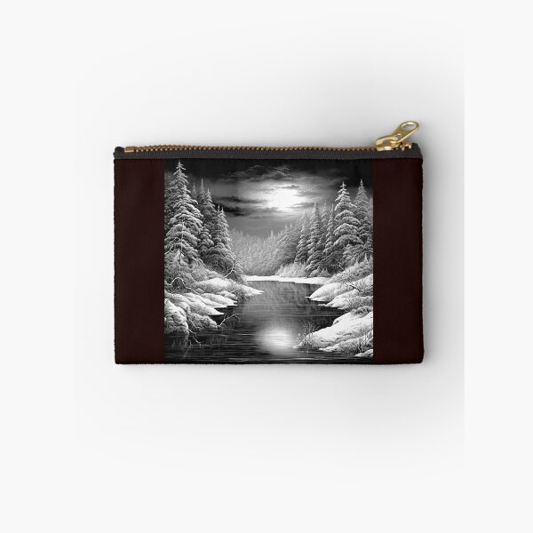 Item preview, Black and White Snowy Forest Lake | Winter Landscape Art designed and sold by inkoutninja.