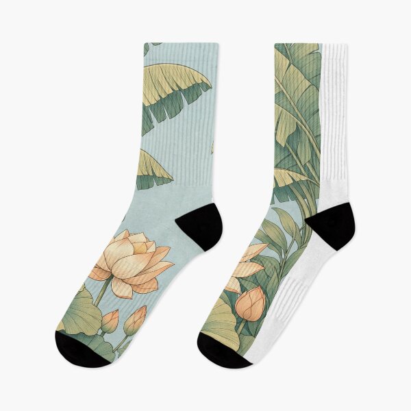 Item preview, Lotus Garden Serenity Botanical Illustration with Banana Leaves and Water Lilies designed and sold by Owcomm.