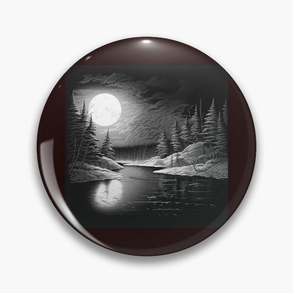 Item preview, Black and White Moonlit Winter River | Snowy Forest Landscape Art designed and sold by inkoutninja.