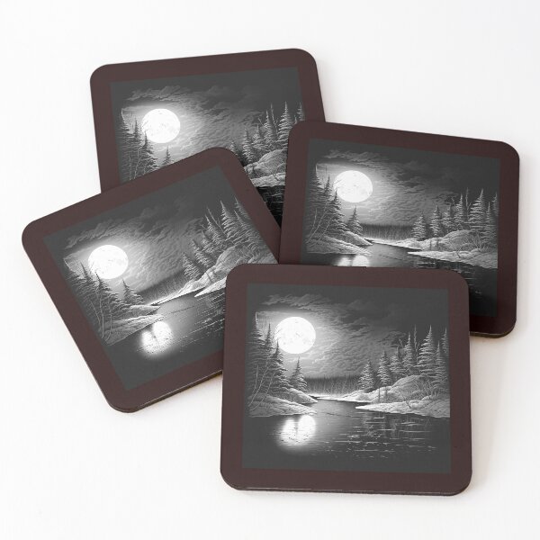 Item preview, Black and White Moonlit Winter River | Snowy Forest Landscape Art designed and sold by inkoutninja.
