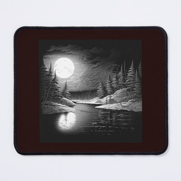 Item preview, Black and White Moonlit Winter River | Snowy Forest Landscape Art designed and sold by inkoutninja.