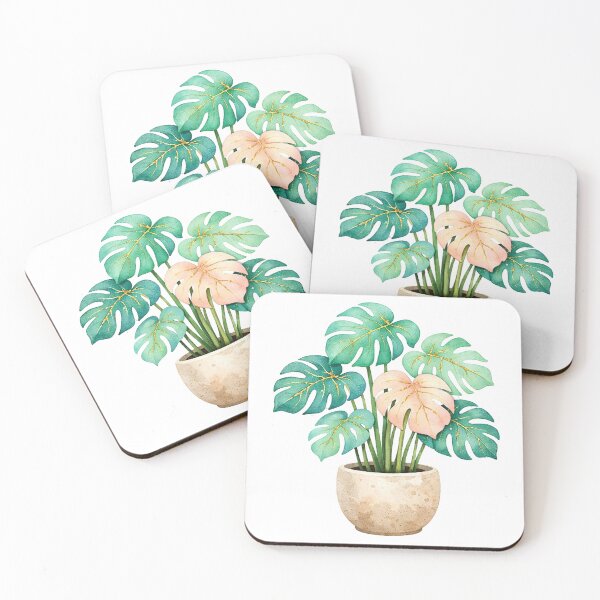 Item preview, Golden Monstera Plant Watercolor Teal and Pink Tropical Leaves in Stone Pot designed and sold by Owcomm.