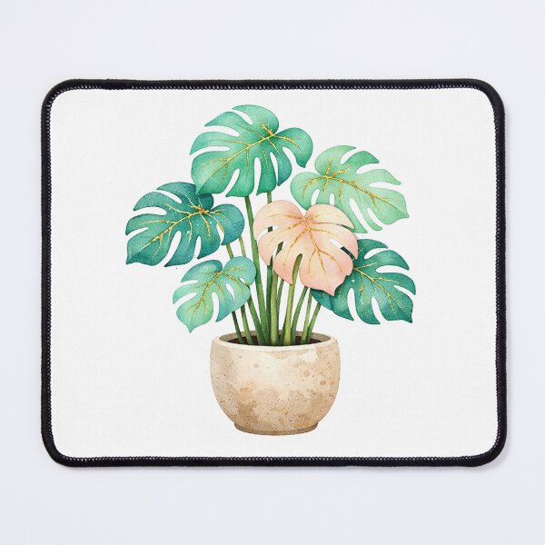 Item preview, Golden Monstera Plant Watercolor Teal and Pink Tropical Leaves in Stone Pot designed and sold by Owcomm.