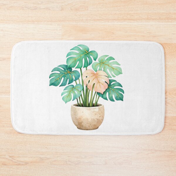 Item preview, Golden Monstera Plant Watercolor Teal and Pink Tropical Leaves in Stone Pot designed and sold by Owcomm.