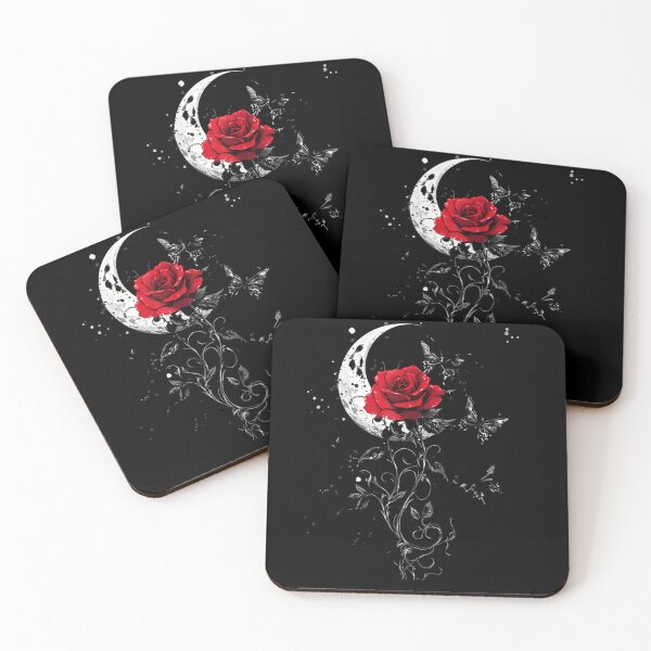 Item preview, Gothic Red Rose On Crescent Moon With Butterflies Dark Floral Art designed and sold by LanoraDamie.