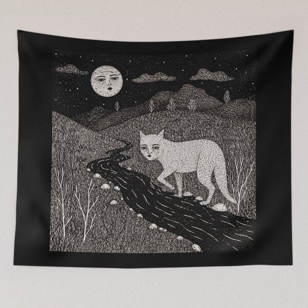 Item preview, White Cat Night Landscape Moon Ink  designed and sold by Modaozushi216.