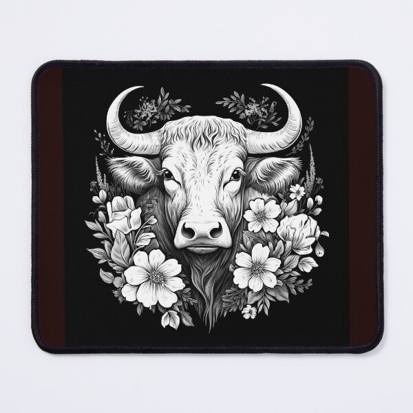 Item preview, Black and White Floral Bull Portrait | Monochrome Farm Animal Art designed and sold by inkoutninja.