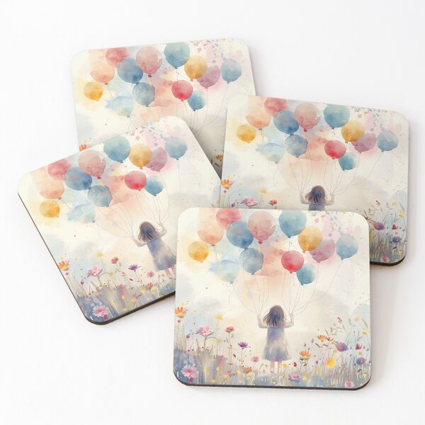 Artikelvorschau, Aquarell: Mädchen mit Luftballons auf einer Wildblumenwiese entworfen und verkauft von solynneart.
