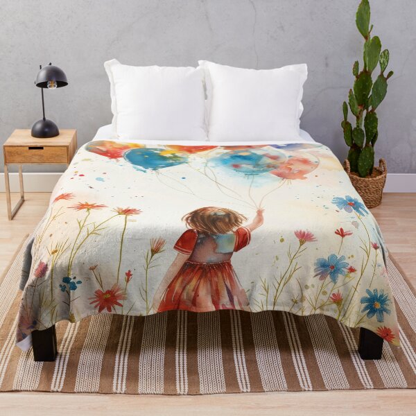 Item preview, Watercolor Girl With Colorful Balloons In Wildflower Meadow designed and sold by solynneart.