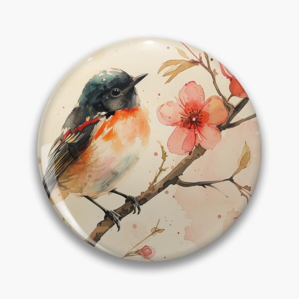 Artikelvorschau, Aquarell-Singvogel auf rosa blühendem Zweig entworfen und verkauft von solynneart.