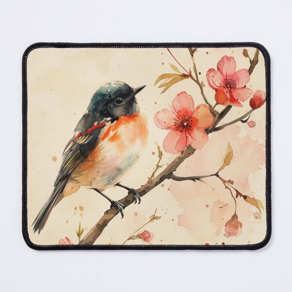 Artikelvorschau, Aquarell-Singvogel auf rosa blühendem Zweig entworfen und verkauft von solynneart.