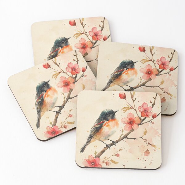 Artikelvorschau, Aquarell-Singvogel auf rosa blühendem Zweig entworfen und verkauft von solynneart.