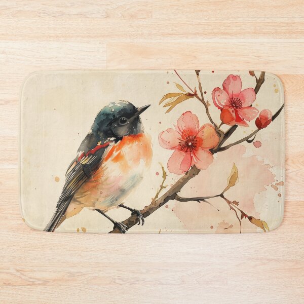 Item preview, Watercolor Songbird On Pink Blossom Branch designed and sold by solynneart.