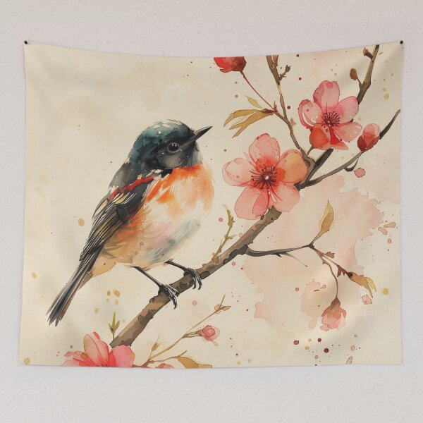 Artikelvorschau, Aquarell-Singvogel auf rosa blühendem Zweig entworfen und verkauft von solynneart.
