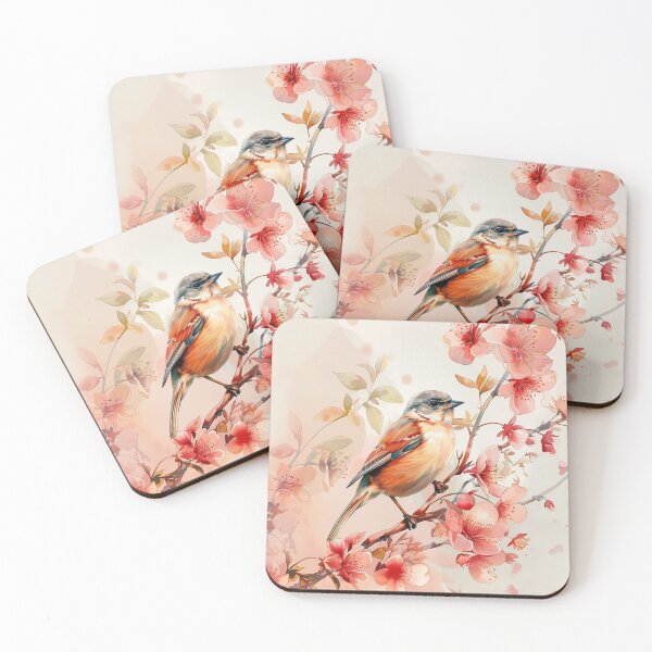 Artikelvorschau, Aquarell-Singvogel auf rosa Kirschblütenzweig entworfen und verkauft von solynneart.