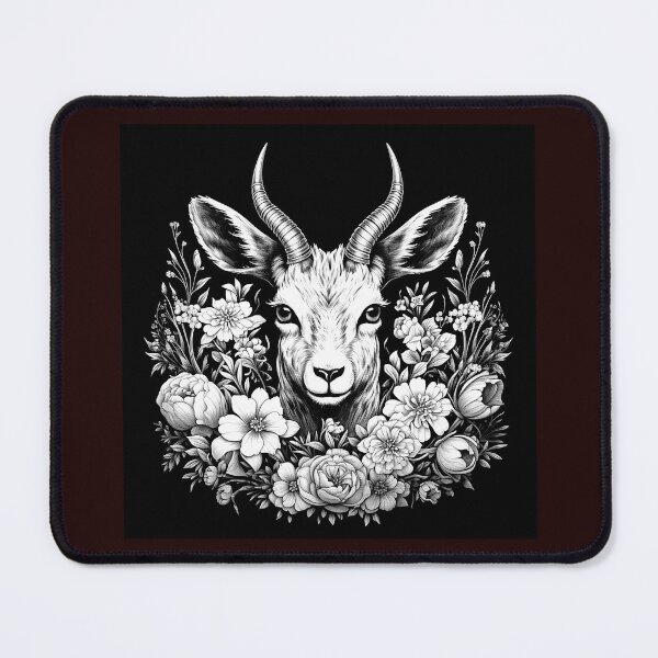 Item preview, Black and White Floral Antelope Portrait | Monochrome Wildlife Art designed and sold by inkoutninja.