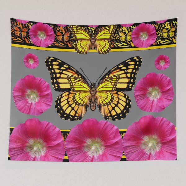Item preview,  YELLOW MONARCH BUTTERFLIES PINK HOLLYHOCKS PATTERNED  ART designed and sold by sharlesart.