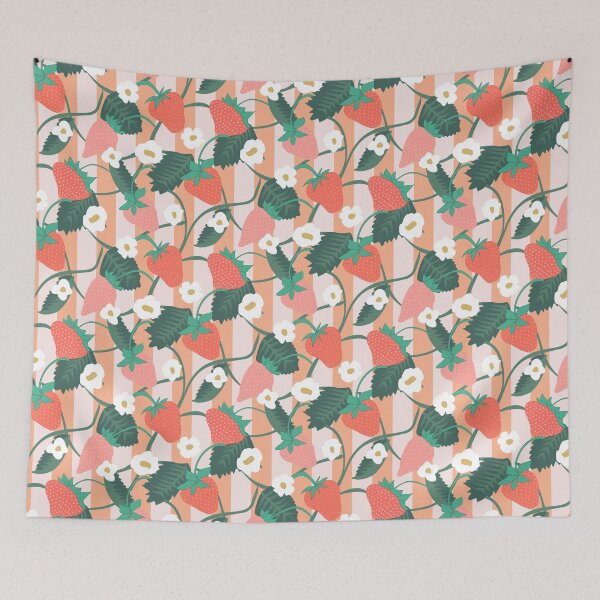 Item preview, Orange Strawberry and flowers on vines striped background designed and sold by bercrafting.