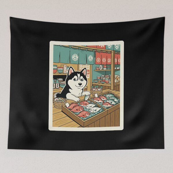 Item preview, Shiba Inu Fish Market Illustration Cozy Scene designed and sold by JordynLadukeg65.