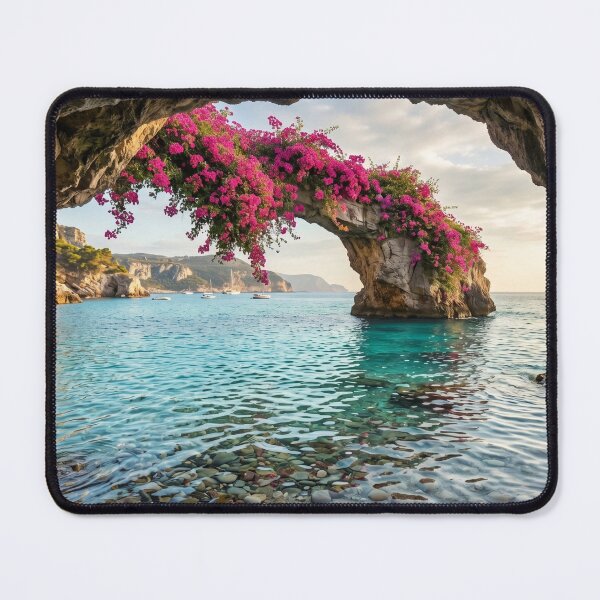 Item preview, Daisy Beach Scene Floral Coastal Nature Art – Ocean Cave Arch with Pink Flowers designed and sold by Wild Bloom Paws.