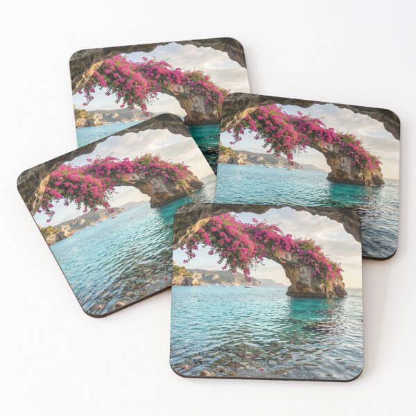 Item preview, Daisy Beach Scene Floral Coastal Nature Art – Ocean Cave Arch with Pink Flowers designed and sold by Wild Bloom Paws.