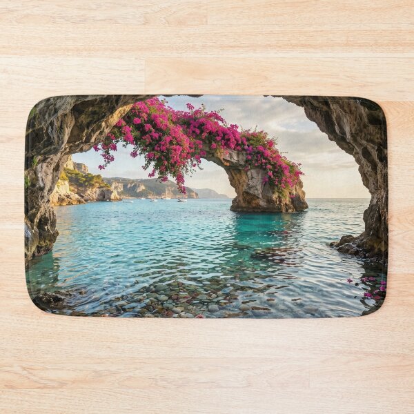 Item preview, Daisy Beach Scene Floral Coastal Nature Art – Ocean Cave Arch with Pink Flowers designed and sold by Wild Bloom Paws.