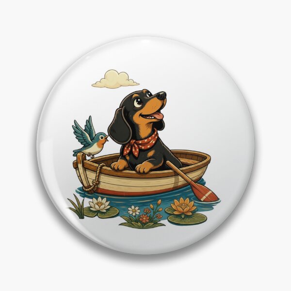 Item preview, Cute dachshund in a boat with a bird and lake motif designed and sold by TrendPrintsforyou.