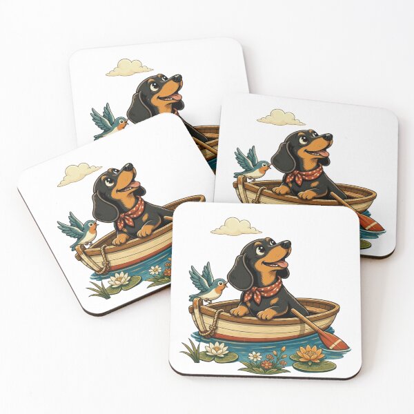 Item preview, Cute dachshund in a boat with a bird and lake motif designed and sold by TrendPrintsforyou.