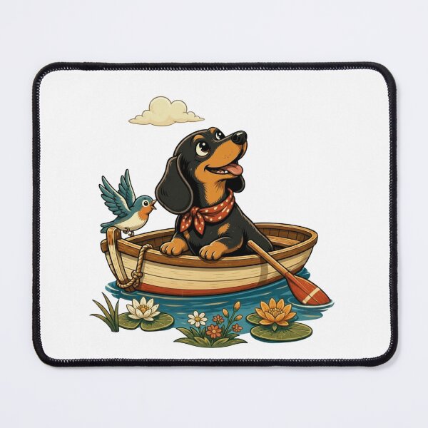 Item preview, Cute dachshund in a boat with a bird and lake motif designed and sold by TrendPrintsforyou.