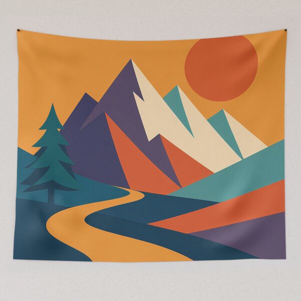 Item preview, Geometric Mountain Peaks with Sun and Winding River designed and sold by InkSmithery.