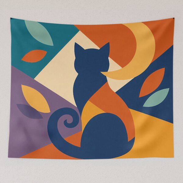 Item preview, Colour Block Night Cat with Crescent Moon designed and sold by InkSmithery.