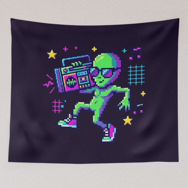 Item preview, Retro Neon Alien with Boombox – Pixel Art Dance Vibes designed and sold by ChaosNest.